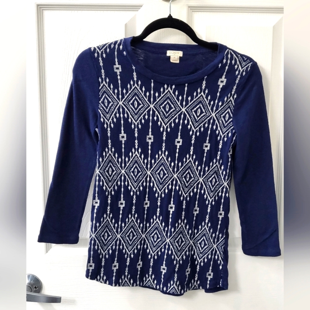J. Crew embroidered blue white 3/4 sleeve tee top Extra Small XS